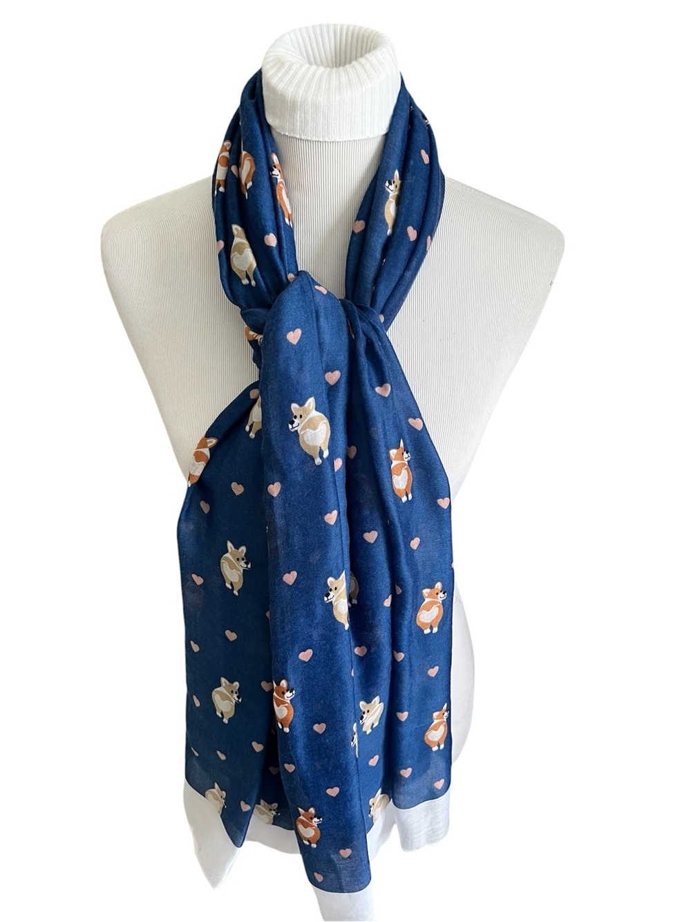 G.H. Bass & Co. Navy Scarf Wrap Shawl with Pink Hearts & Corgi Dog Print